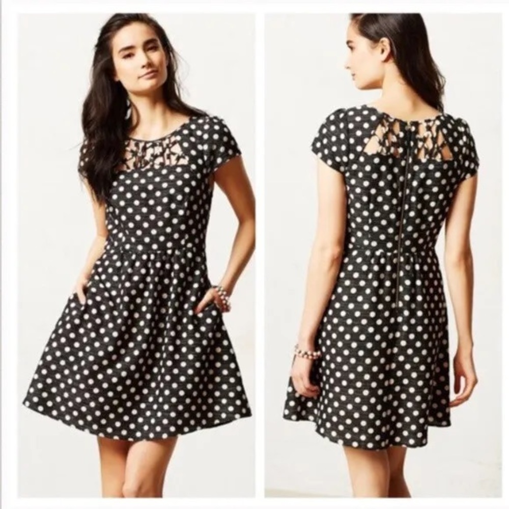 Anthropology Nikola fit and flare polka dot skater dress with pink silk lining